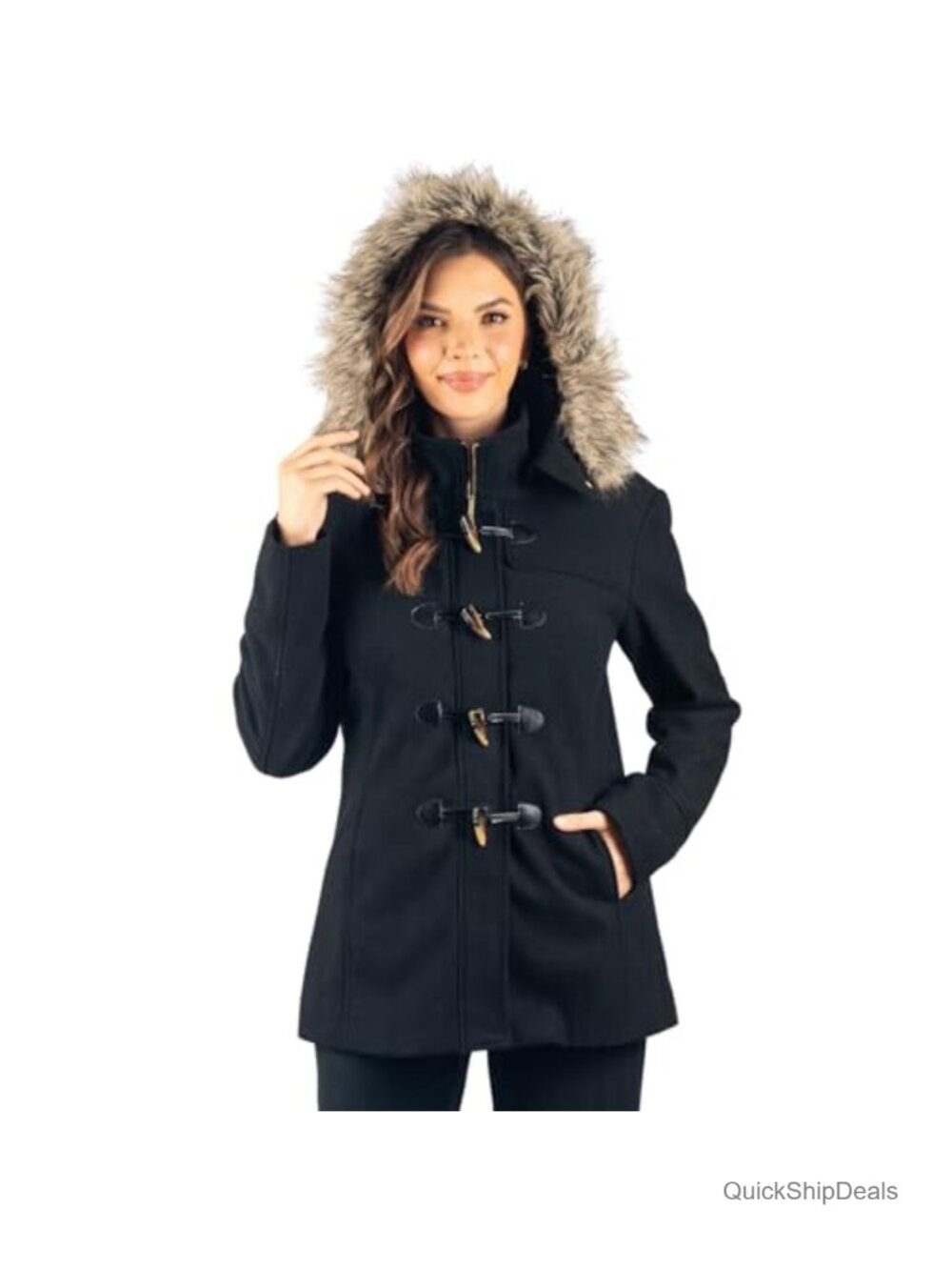 Womens Wool Blend Toggle Coat with Removable Faux Fur Hood Warm Winter Overcoat